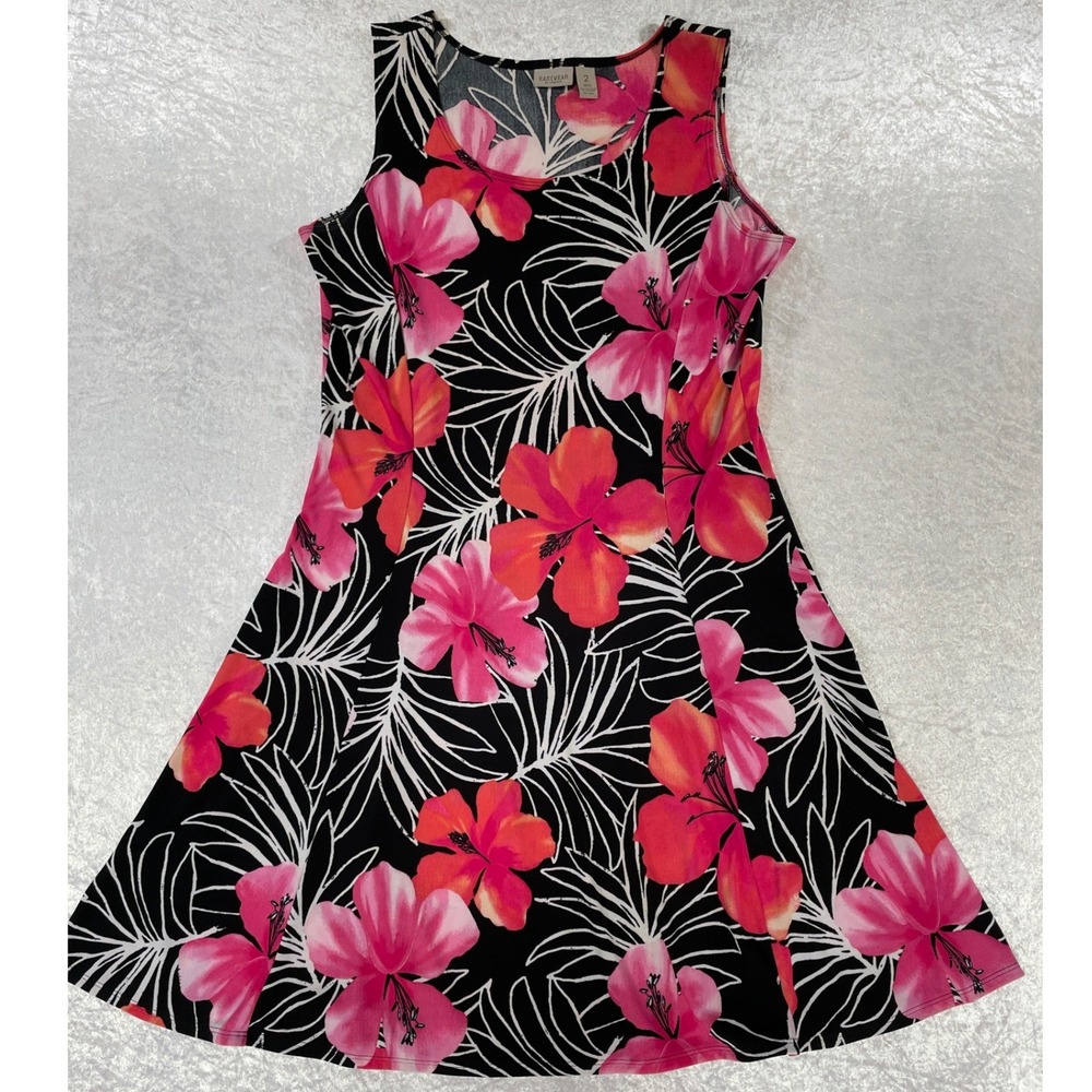 Chico's Easywear Dress Womens 2 L Black Pink Floral Tropical Hibiscus Sleeveless